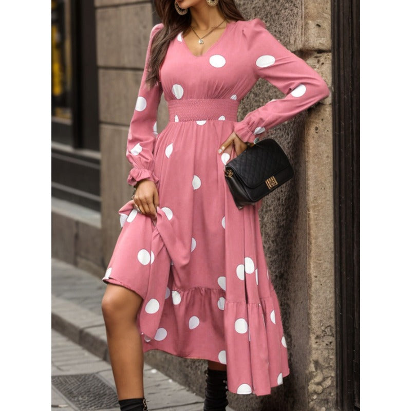 Wholesale Polyester Women's V Neck Polka Dot Print Long Sleeve Waist Midi Dress